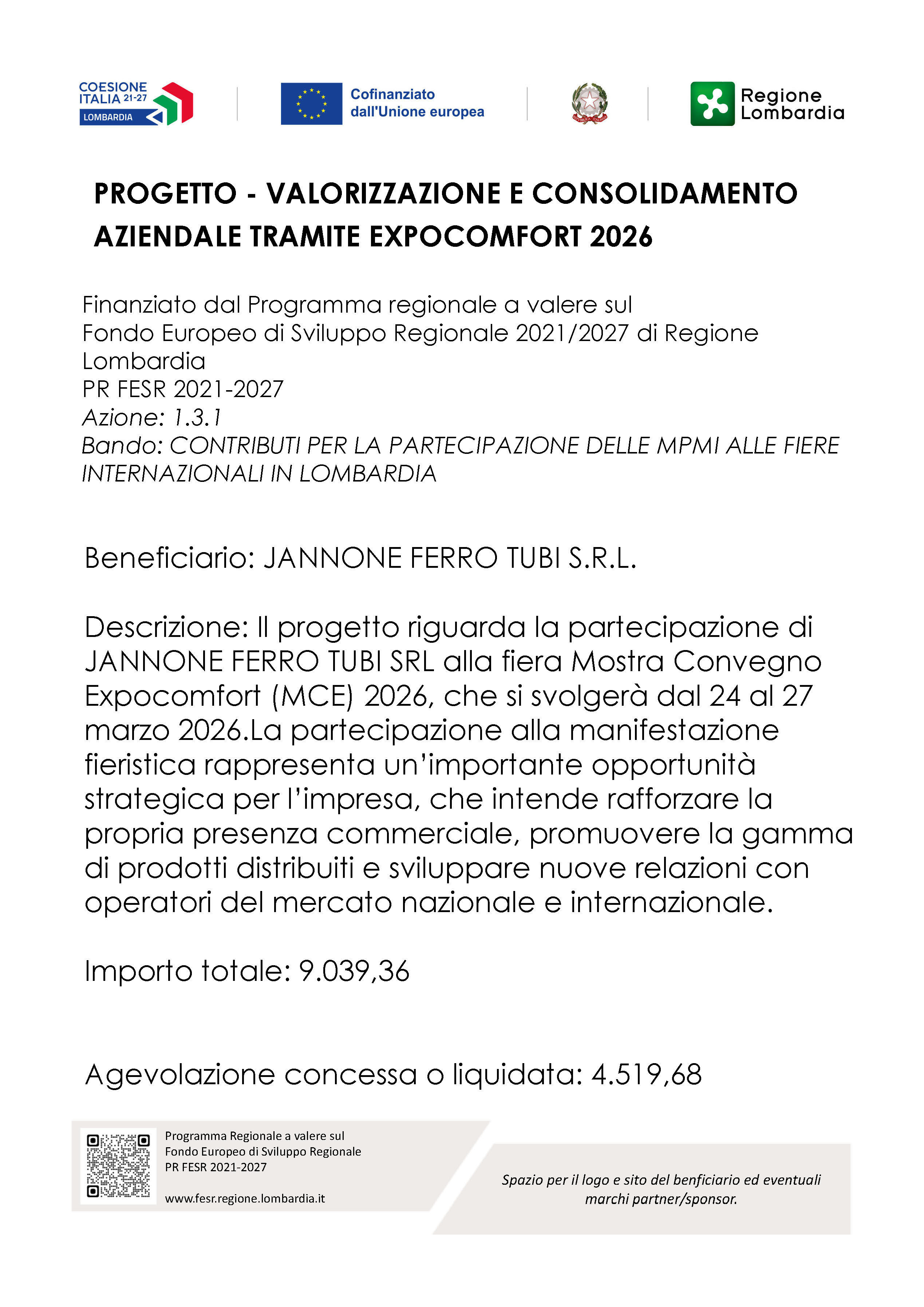 Progetto Valorizzazione e consolidamento tramite EXPOCOMFORT 2026